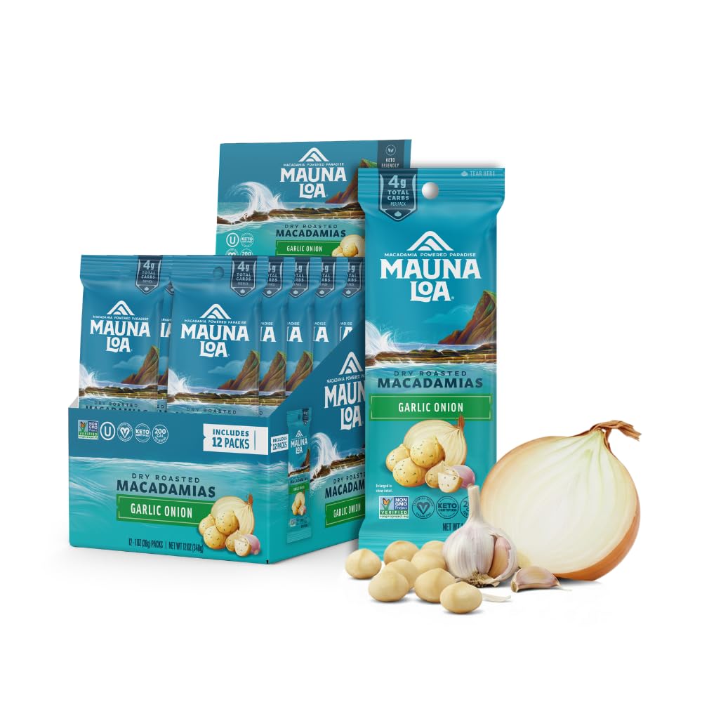 Mauna Loa Garlic Onion Roasted Macadamia Nuts, 12 Pack of 1 oz Single Serve Snack Bags, Keto Friendly, Gluten Free, Savory Healthy Snack