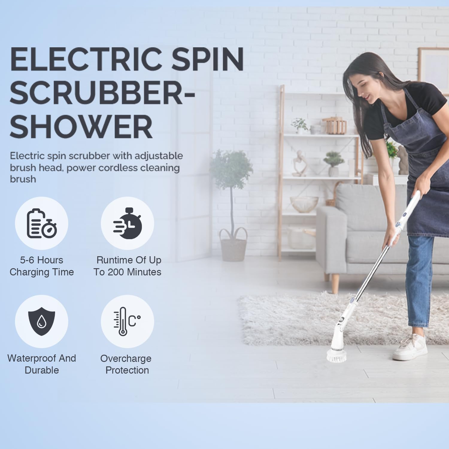 Greater Range Electric Spin Scrubber - Cordless Cleaning Head with 6 Replaceable Brushes - 90° Rotatable - Ideal for Floor, Window, Cars - Ivory White
