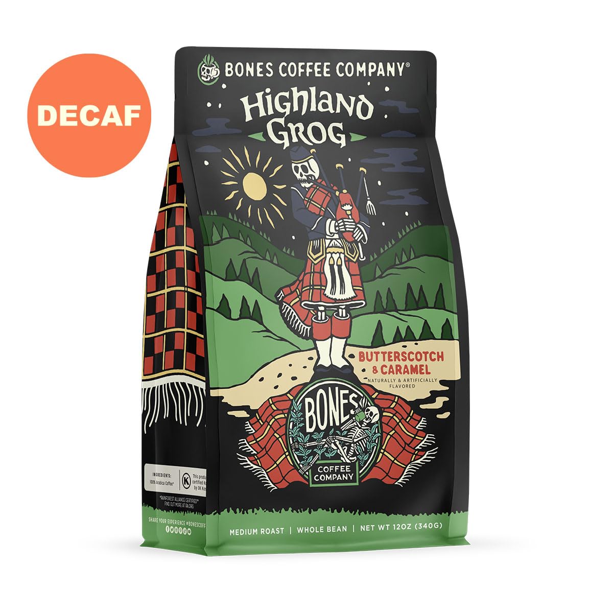 Bones Coffee Company Decaf Highland Grog, Butterscotch Caramel Decaffeinated Flavored Coffee, Medium Roast Low Acid Arabica Beans For Auto drip