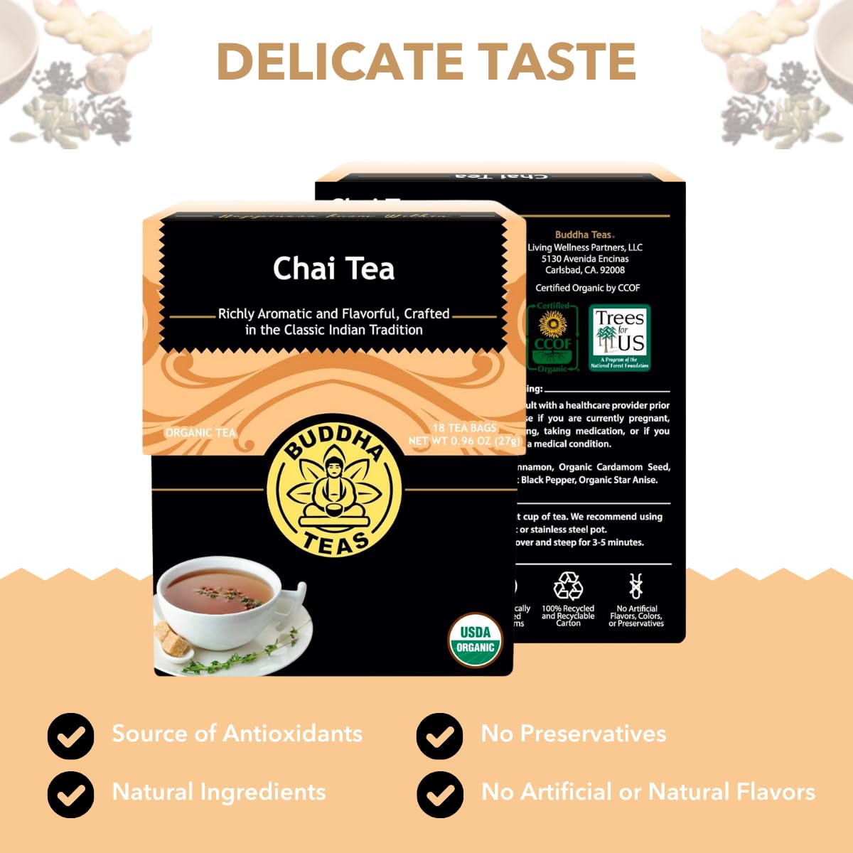 Buddha Teas - Organic Chai Tea - Delicately Spiced & Warming - For Health & Wellbeing - With Antioxidants & Minerals - Clean Ingredients