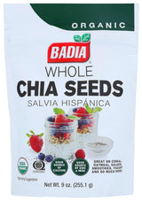 Badia Organic Whole Chia Seeds, 9 oz - Rich in Fiber, Protein, and Omega-3 - Perfect for Smoothies, Baking, Yogurt & Healthy Recipes