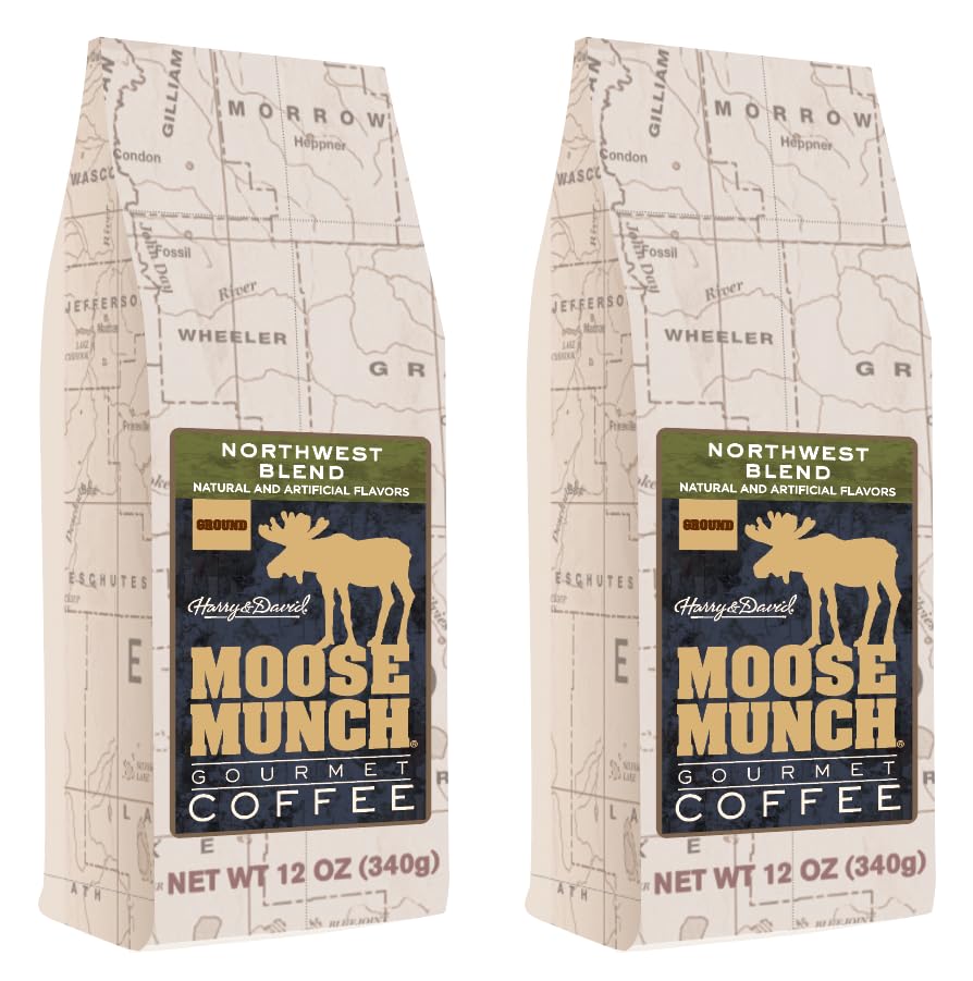 Moose Munch Northwest Blend Ground Coffee - 2 Pack, 12 oz Bags - Cinnamon, Hazelnut & Praline Flavored Medium Roast Coffee