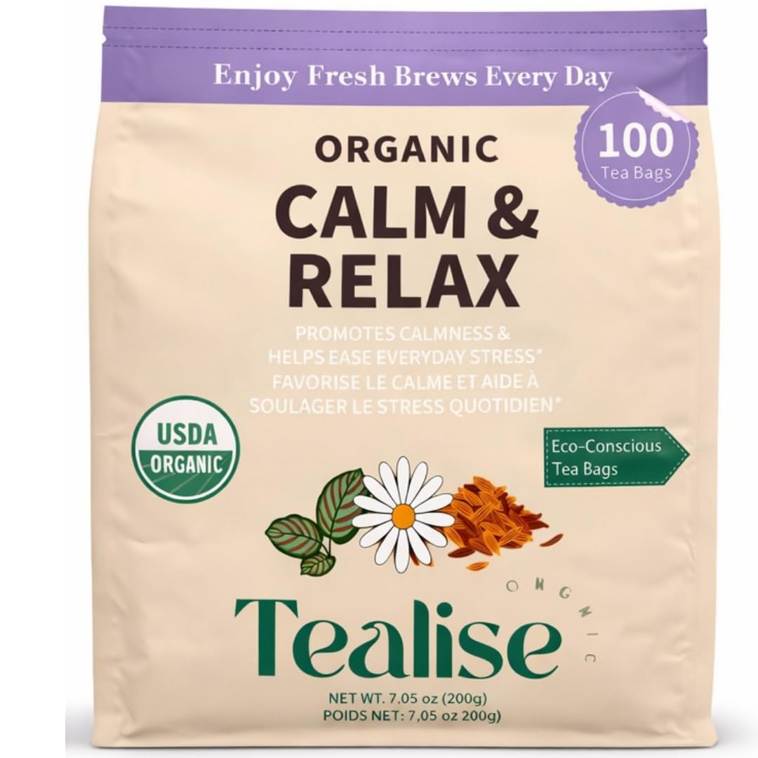 Organic Calm & Relax Herbal Tea Bags - Chamomile Tea Bags, Rooibos & Raspberry Leaf - 100 Plant-Based Tea Bags - Caffeine Free Sleep & Relaxation