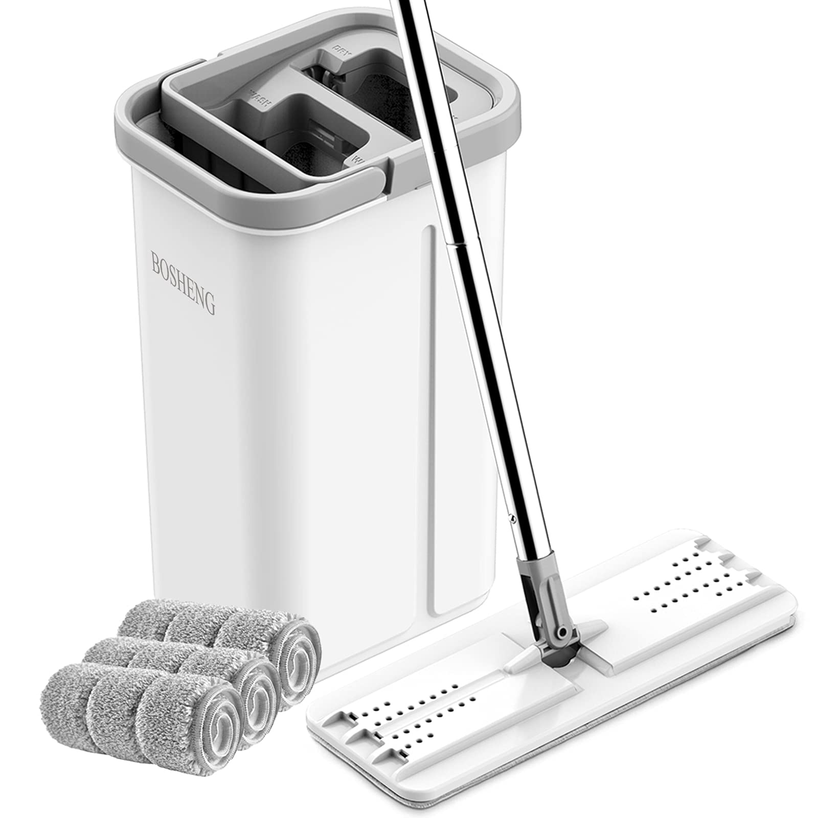 BOSHENG Mop and Bucket with Wringer Set, Hands Free Flat Floor Mop and Bucket, 3 Washable Microfiber Pads Included, Wet and Dry Use, Home Floor