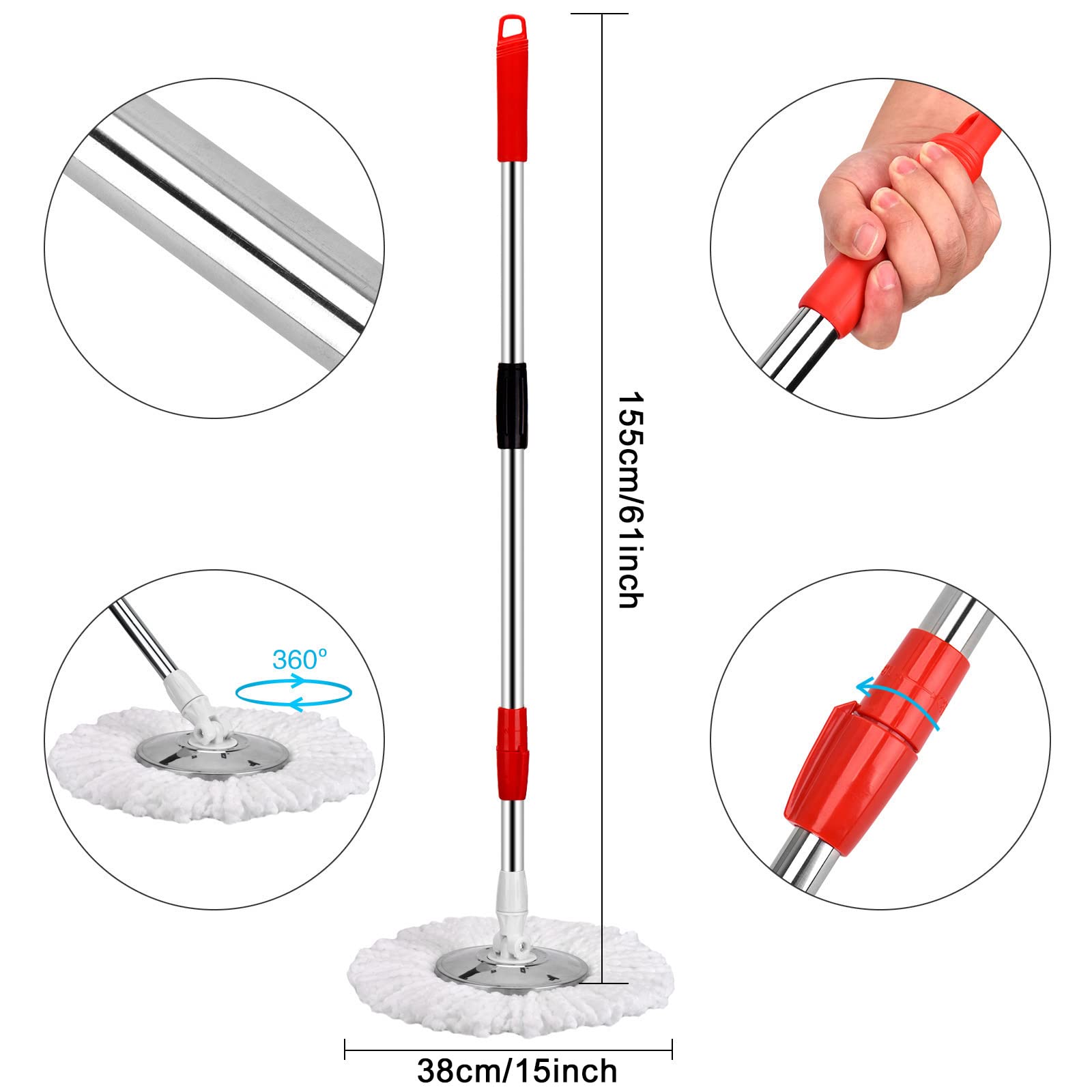Mop and Bucket Set, 360° Spin Mop and Bucket with Wringer Set and 3 Microfiber Mop Refills, Stainless Steel 61" Extended Handle Spinning Mop Bucket