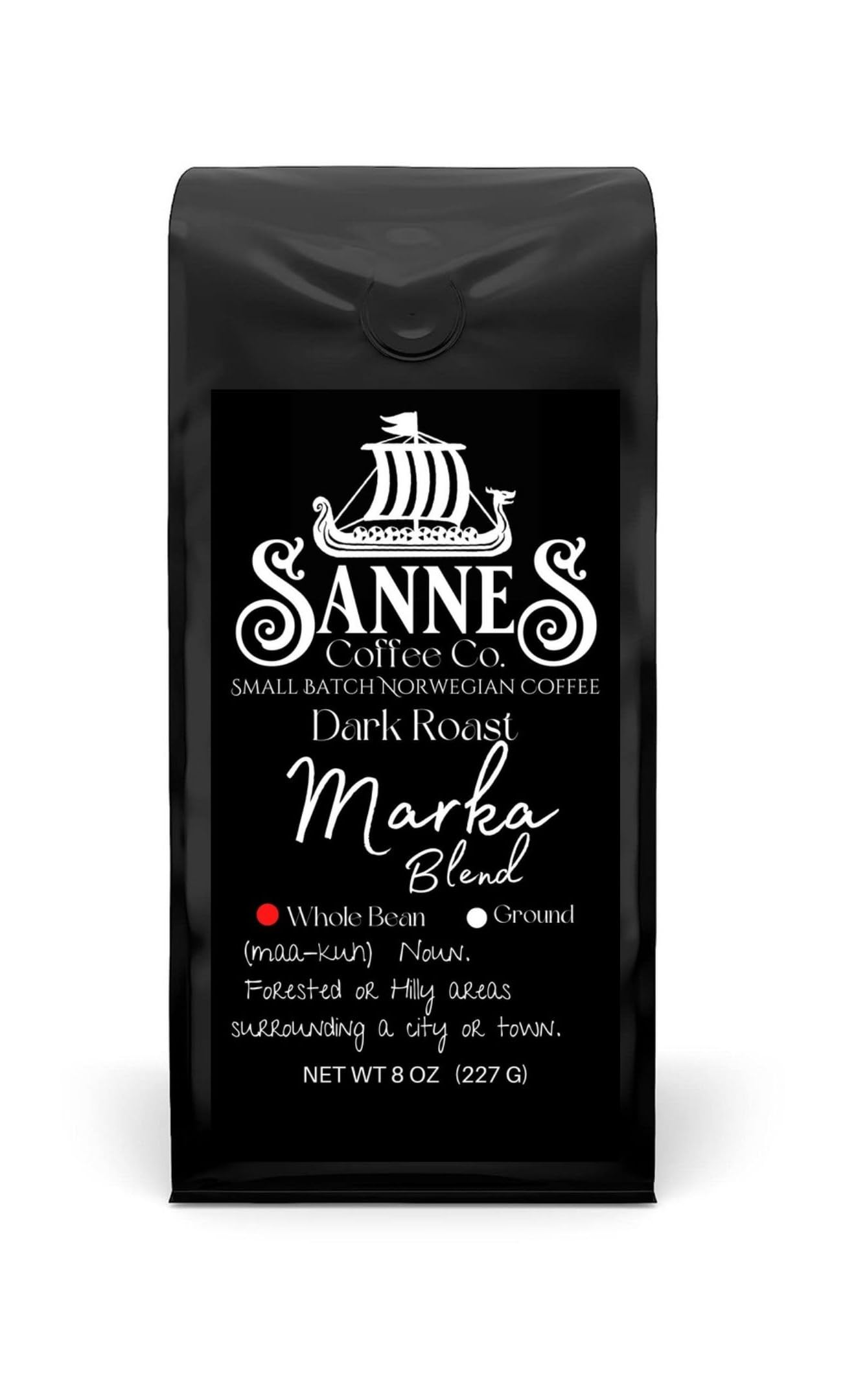 Sannes Coffee Co. Norwegian Coffee-Marka Blend Dark Roast Coffee-Smooth Never Bitter-Resealable Bag (Whole Bean, 8 oz)