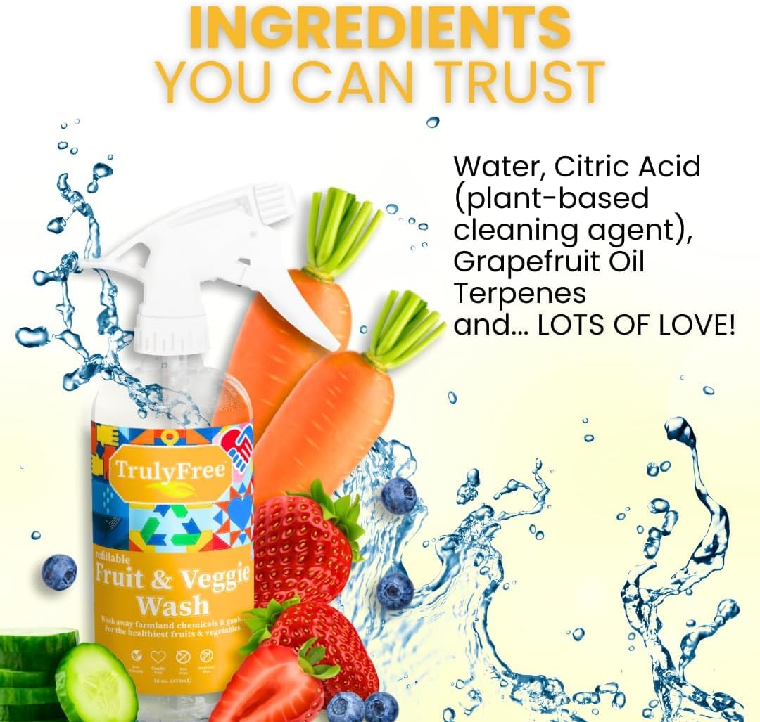 Truly Free Fruit and Vegetable Wash Refills | Veggie Wash Removes 99% Dirt & Wax | Plant-Based Produce Cleaner Spray | No Aftertaste, Made in USA |