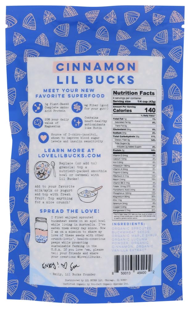 Lil Bucks Sprouted Regeneratively Grown Buckwheat Seeds- Paleo Cereal, Gluten-Free Granola, High in Protein, Low Sugar, Organic Superseed Crunch