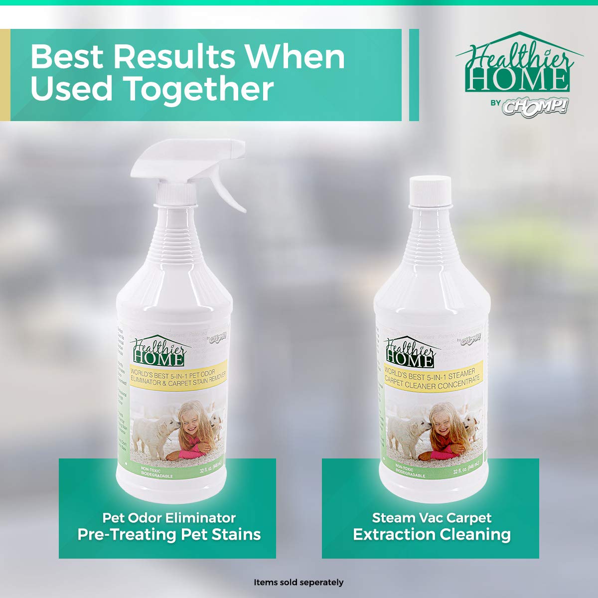 CHOMP! Professional Carpet Steamer Concentrate: 5X Stain Remover & Deodorizer Healthier Home Cleaner Protector Rugs Upholstery Cars Pet Odors 32 FL
