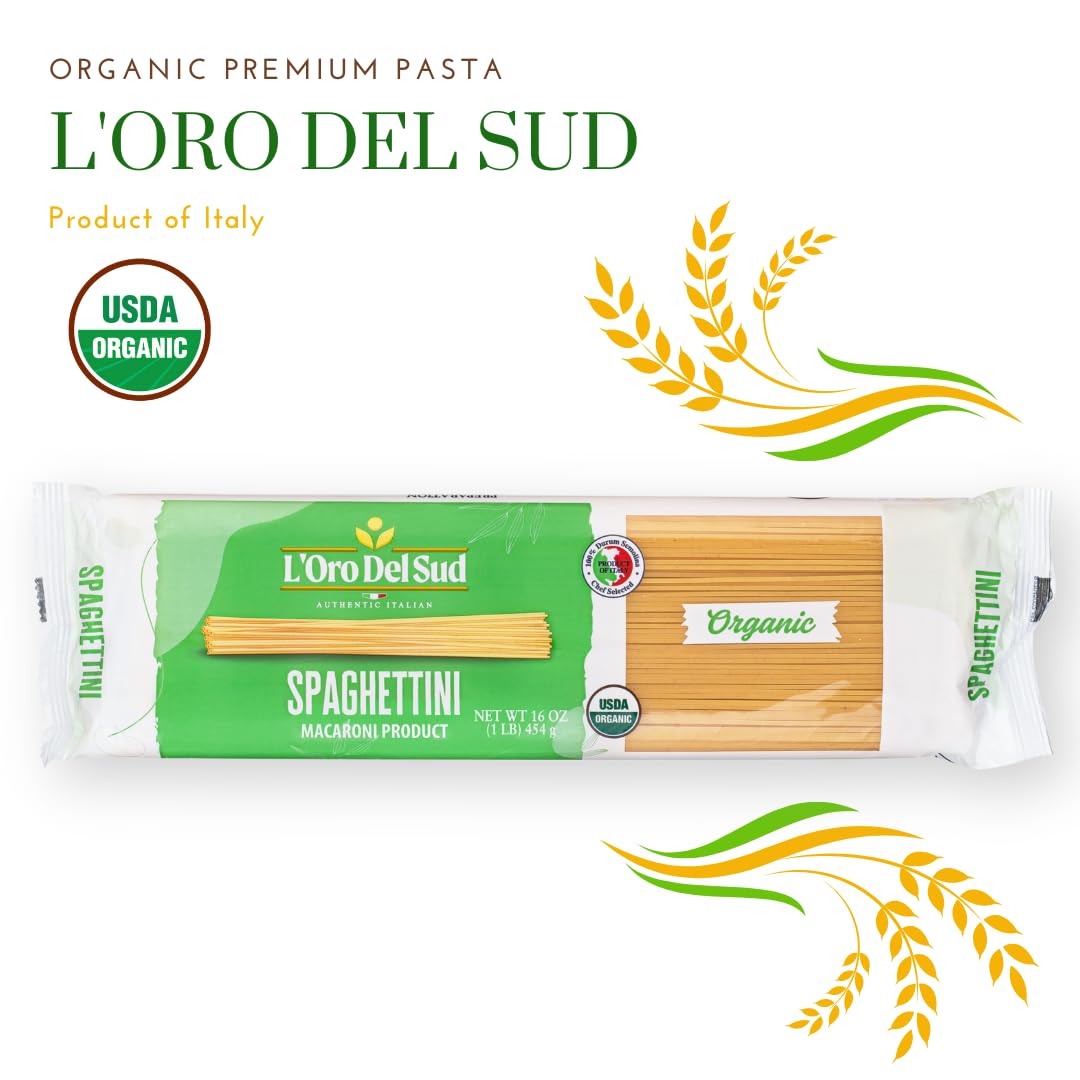 Organic Spaghettini Pasta, 4 pack, 100% Durum Wheat, Italian Pasta, Premium Quality Product of Italy 16 Ounce (4 Pack) by L'Oro del Sud.