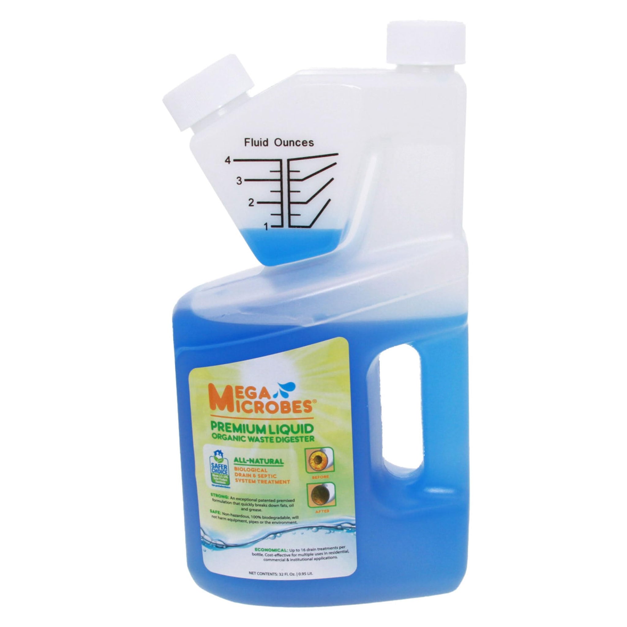 MegaMicrobes MML-32FL Liquid Drain & Septic System Maintenance Formula, 32 oz, For Routine Use in Pipes, Sinks, Grease Traps & Septic Systems