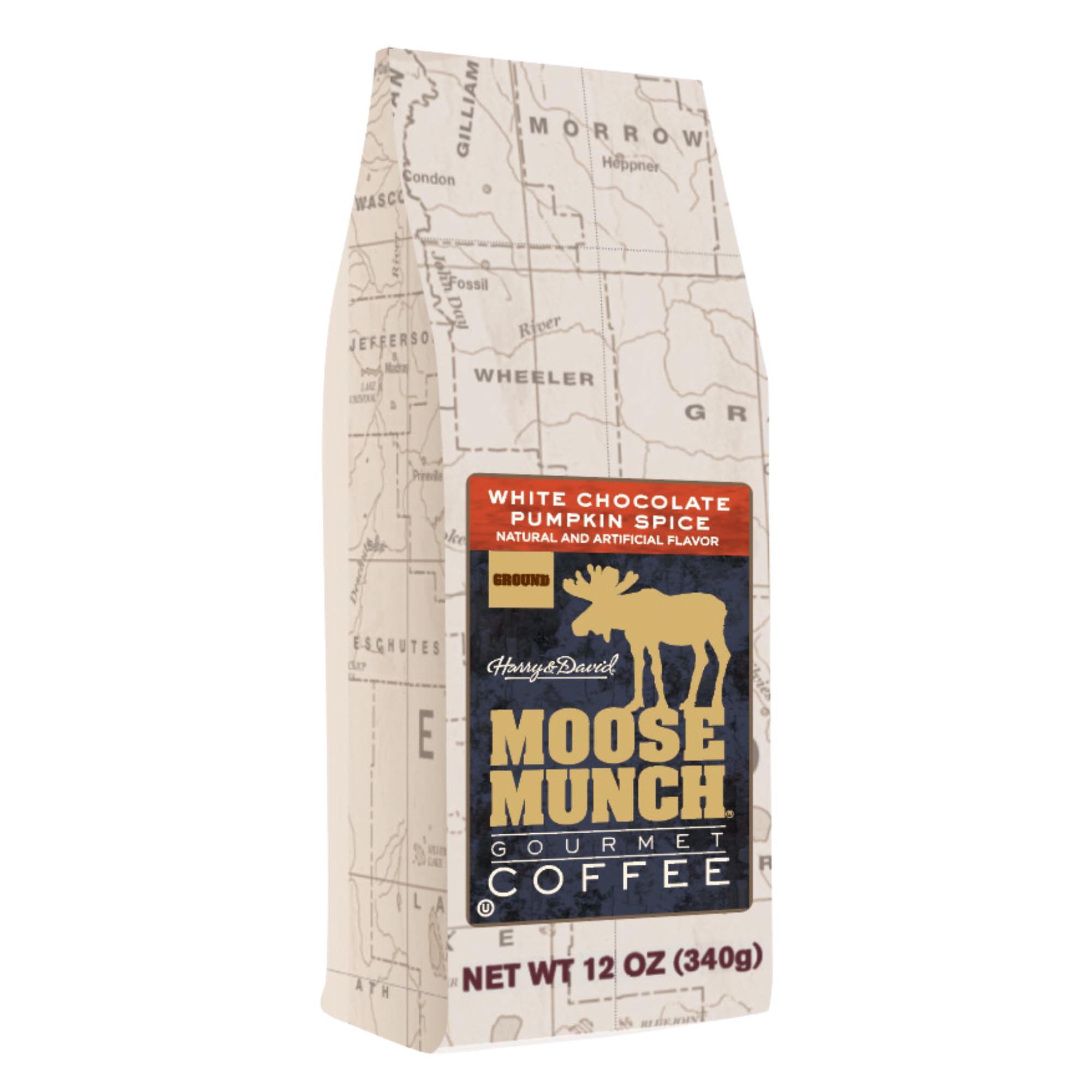 Moose Munch Coffee by Harry & David, White Chocolate Pumpkin Spice Flavored Ground Gourmet Coffee - 12 Ounce Bag