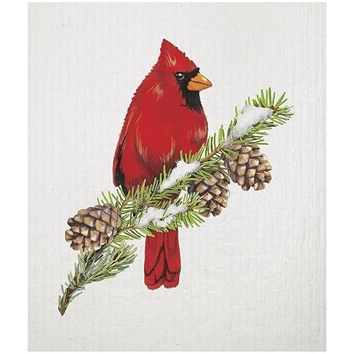 Mary Lake-Thompson Red Cardinal on Pine Branch Sponge Cloth, Eco-Friendly, Machine Washable