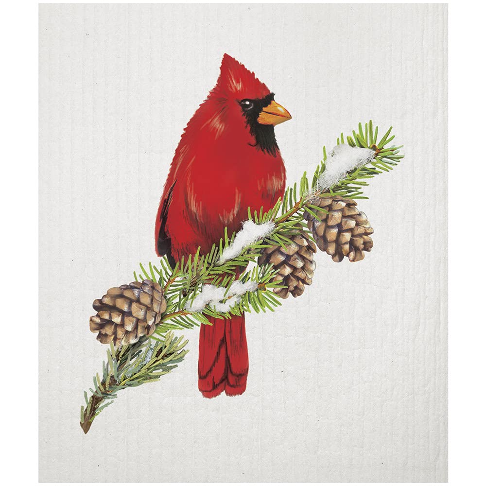 Mary Lake-Thompson Red Cardinal on Pine Branch Sponge Cloth, Eco-Friendly, Machine Washable