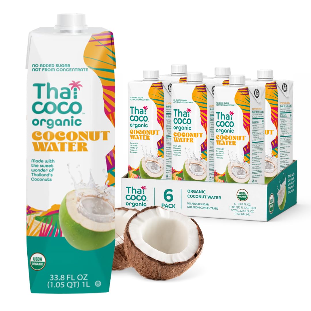 Thai Coco Organic Coconut Water, No Sugar Added, No Artificial Ingredients, Natural Electrolytes, 100% Pure, Not from Concentrate - 33.8 fl. oz. (6