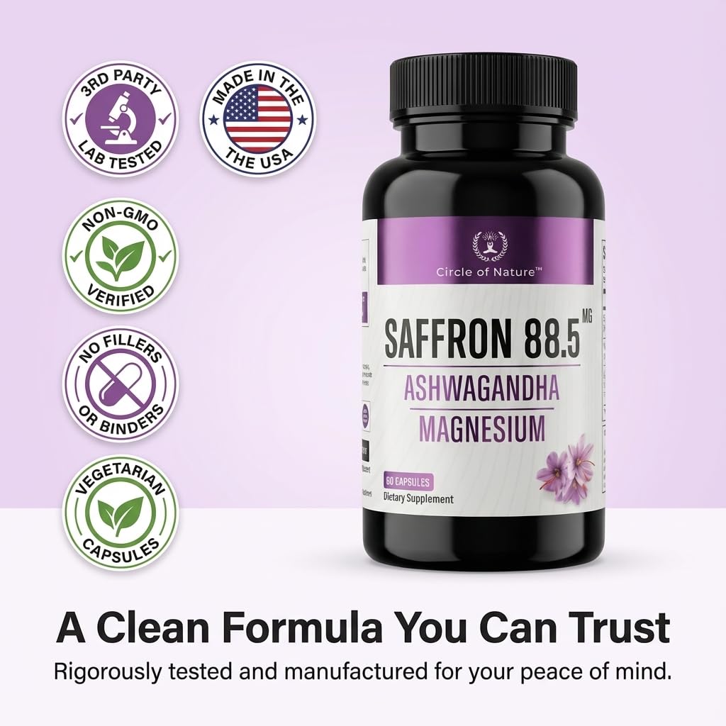 CIRCLE OF NATURE Saffron Supplement 88.5 mg with Ashwagandha & Magnesium Glycinate, Mood Uplifter, Eye Health & Better Rest, 60 Clean Capsules, Made