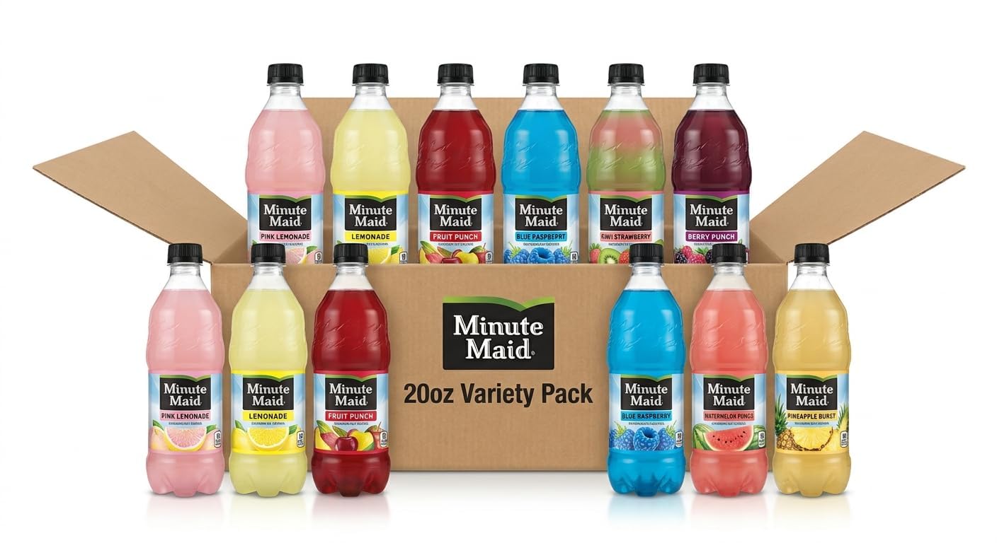 Minute Maid 20oz Variety Pack Bottles - 8 Flavor Assortment (Fruit Punch, Lemonade, Pink Lemonade, Watermelon Punch, Kiwi Strawberry, Blue Raspberry