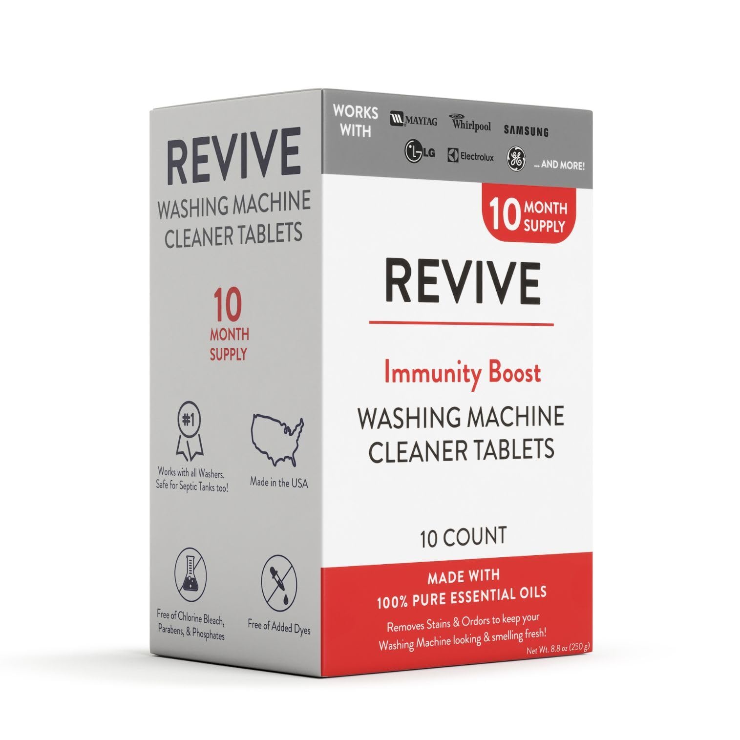 Immunity Boost Washing Machine Cleaner Tablets 10ct by Revive Essential Oils - 10 Month Supply, Synthetic Fragrance Free, Stain & Odor Fighting
