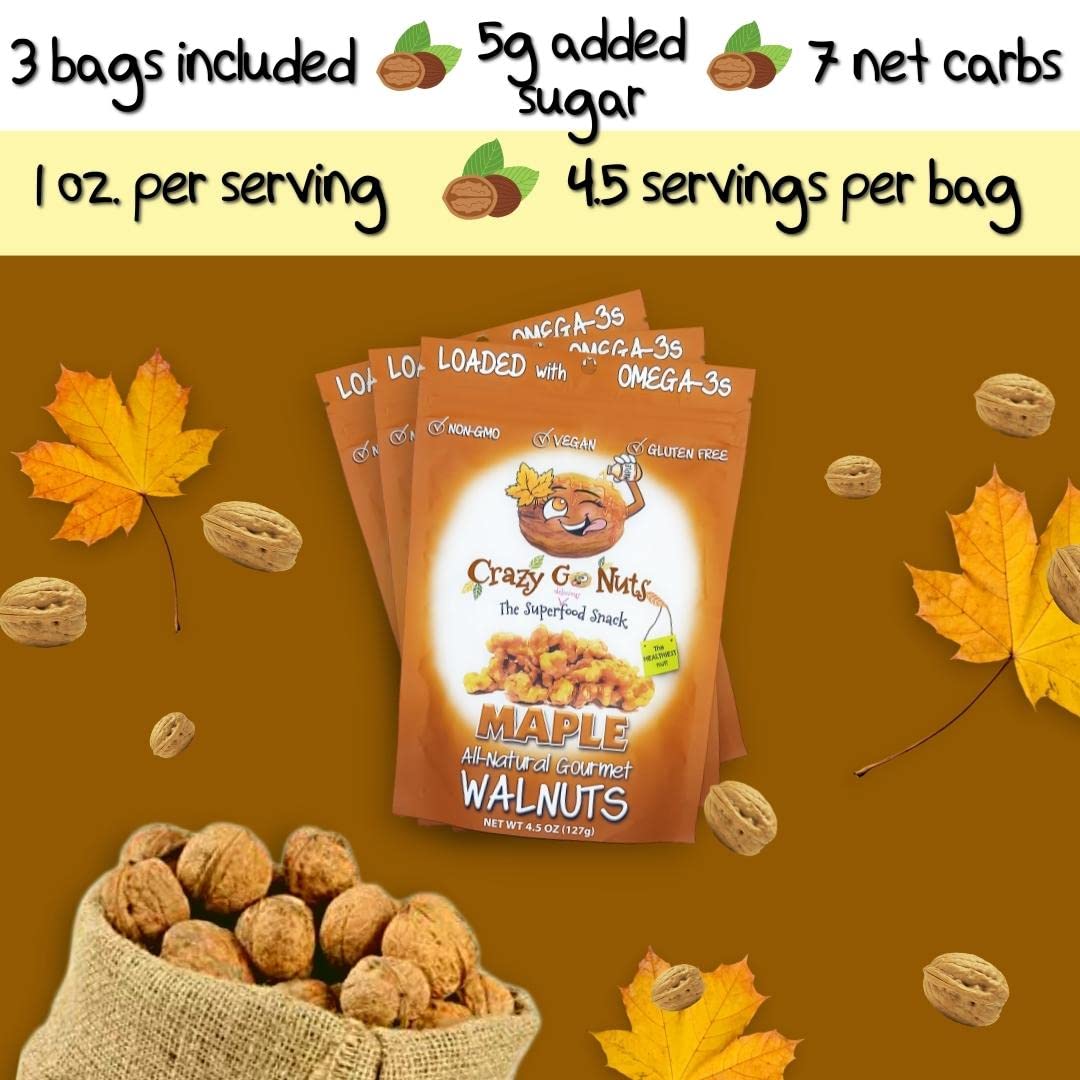 Crazy Go Nuts Walnuts Maple - Glazed Walnuts, Healthy Snacks, Vegan, Low Carb, Gluten Free, Superfood - Natural, Non-GMO, ALA, Omega 3 Fatty Acids