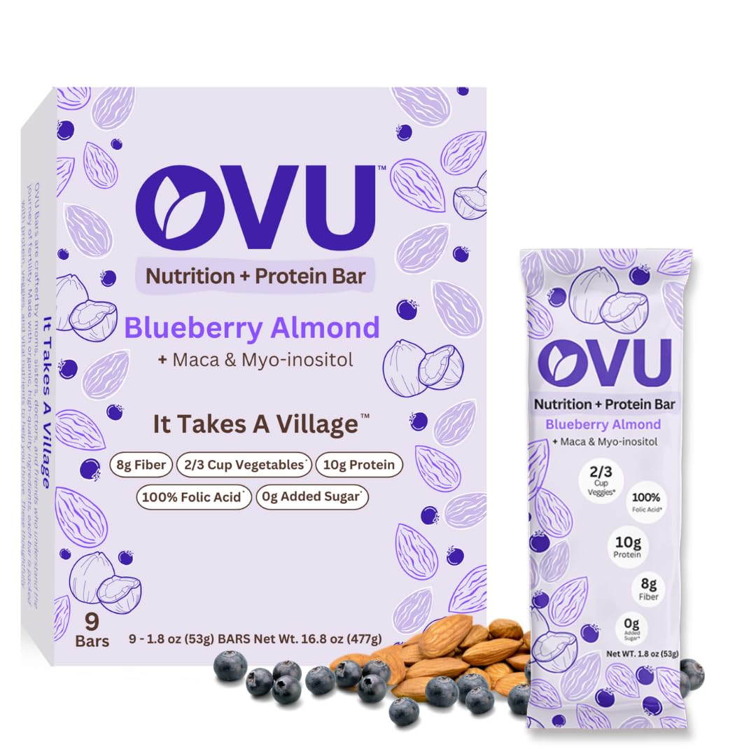 OVU Bar - Fertility, Pregnancy & Postpartum Nutrition Support for Women, Myo-Inositol, Folic Acid, Maca, High Protein, High Fiber, Blueberry Almond, 9