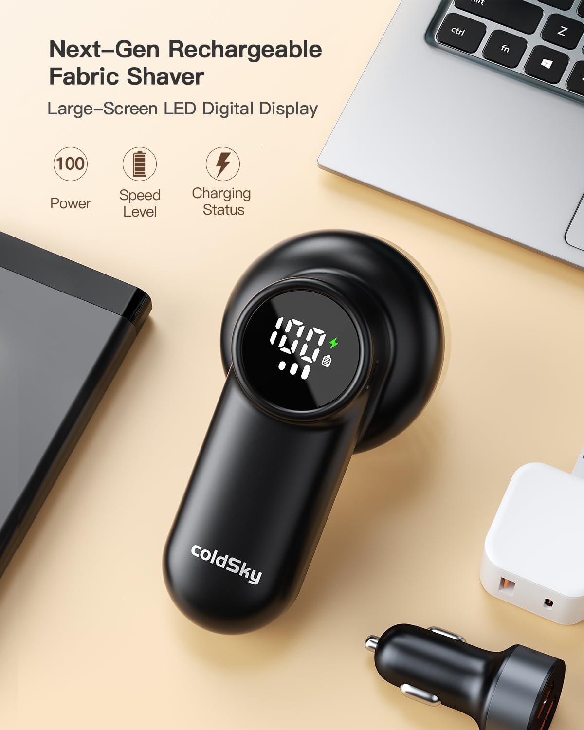 coldSky Rechargeable Fabric Shaver, Lint Shaver with Digital Display, Sweater Shaver with 6-Leaf Blades and Safety Lock, 3-Speeds Defuzzer Remove