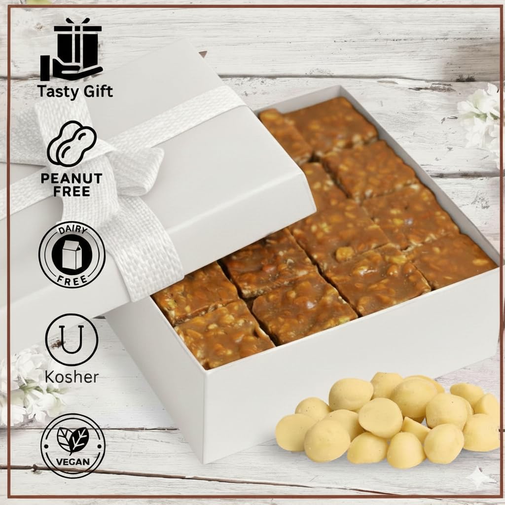 Gourmet Macadamia Brittle White Gift Box - by Its Delish | Handmade Old-Fashioned Style | Beautiful & Delicious Square Cut Pieces 16 Oz Macadamia