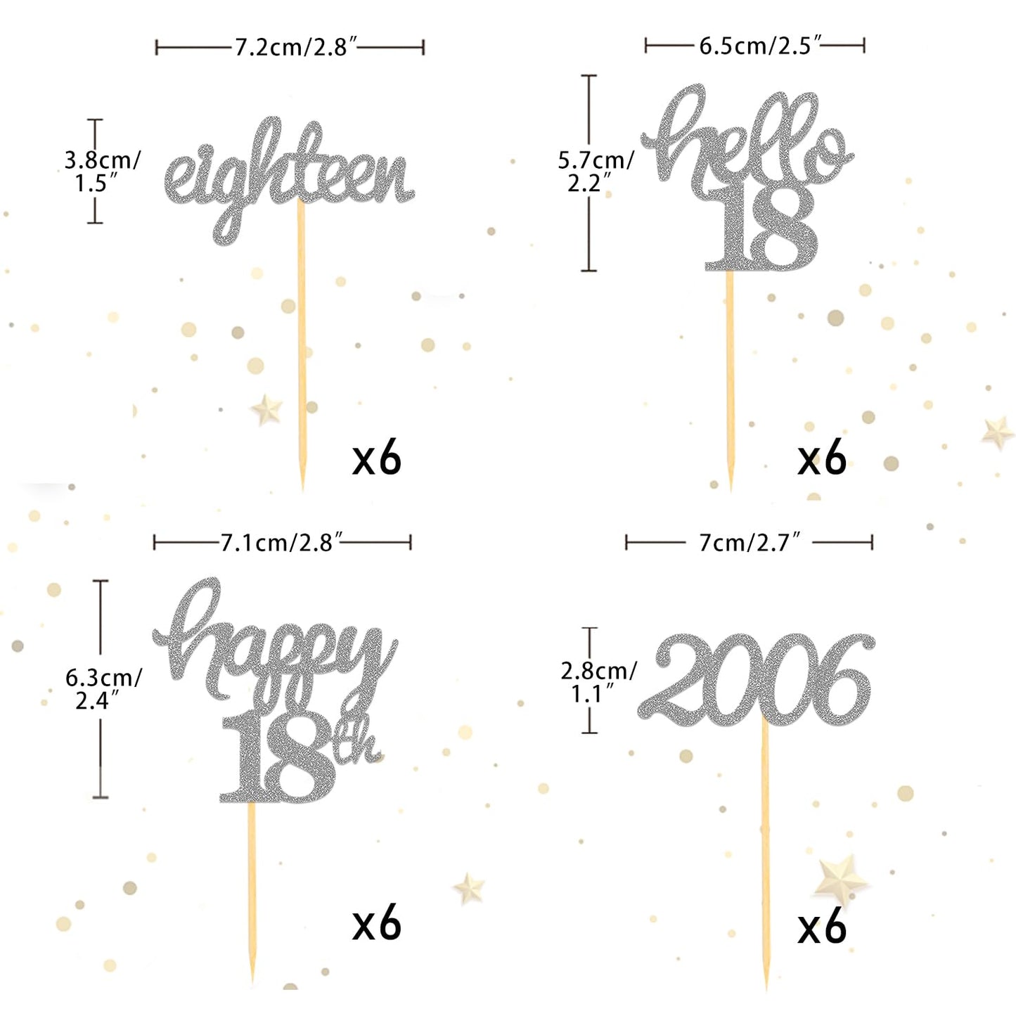 24 Pcs Glitter 18th Birthday Cupcake Toppers for Celebrating 18th Birthday Party Decorations for Eighteen Years Old Birthday Party Supplies (Silver)