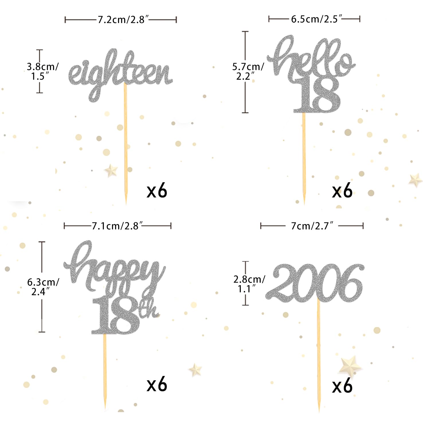 24 Pcs Glitter 18th Birthday Cupcake Toppers for Celebrating 18th Birthday Party Decorations for Eighteen Years Old Birthday Party Supplies (Silver)