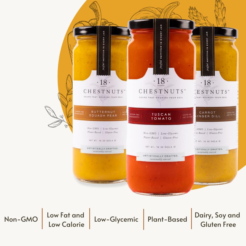 18 Chestnuts Plant Based Soup - Carrot Ginger Dill, Tuscan Tomato, and Butternut Squash Pear Soup Bundle, Plant Based & Gluten Free - 3 Jars (16oz)