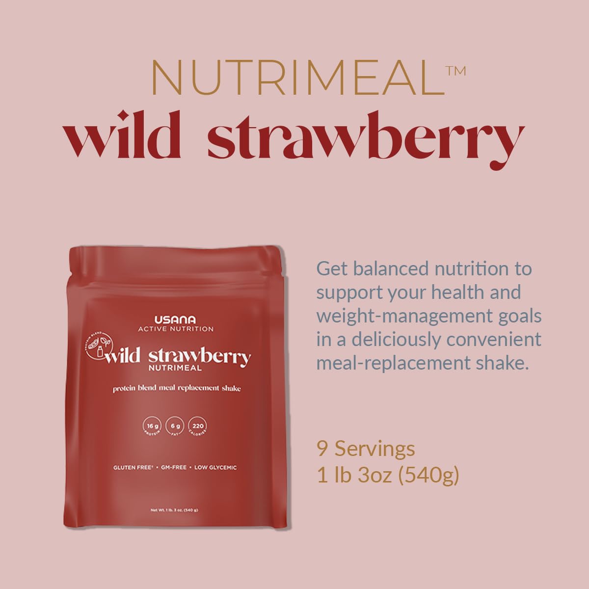 USANA Nutrimeal Meal Replacement Shake - Wild Strawberry - NON-GMO - Gluten Free - Low Glycemic - 540 Grams - 9 Servings