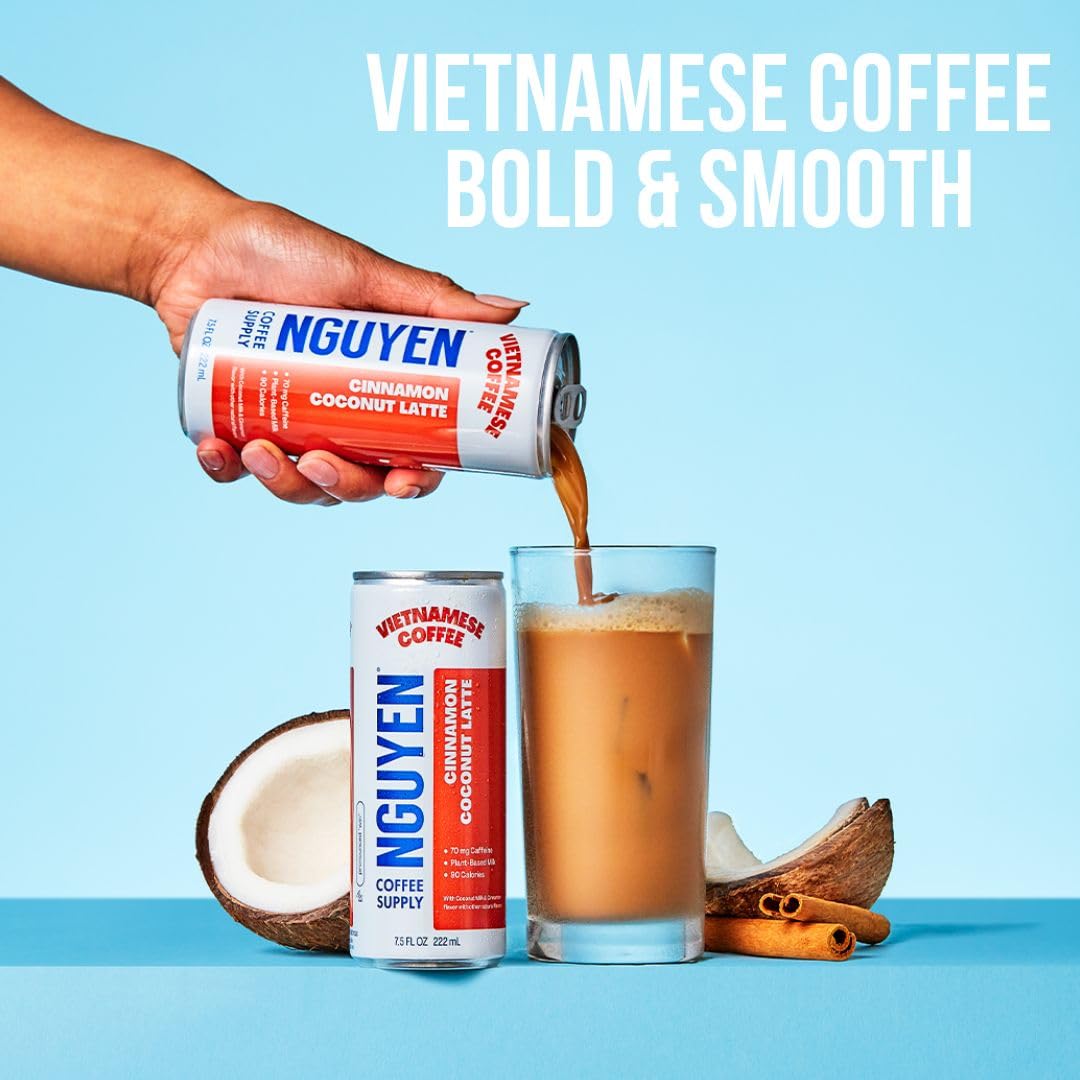 Nguyen Coffee Supply - Cinnamon Coconut: Vietnamese Cold Brew, Iced Coffee, 100% Robusta, Low Sugar, Dairy-Free, 7.5 fl oz cans [12 Pack]