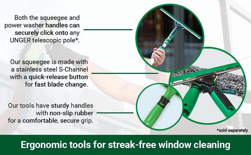 Unger Commercial Window Cleaning Kit - 3-in-1 Starter Set with 14" Squeegee, Microfiber Washer with T-Bar Handle & 3-Gallon Bucket - Complete Glass