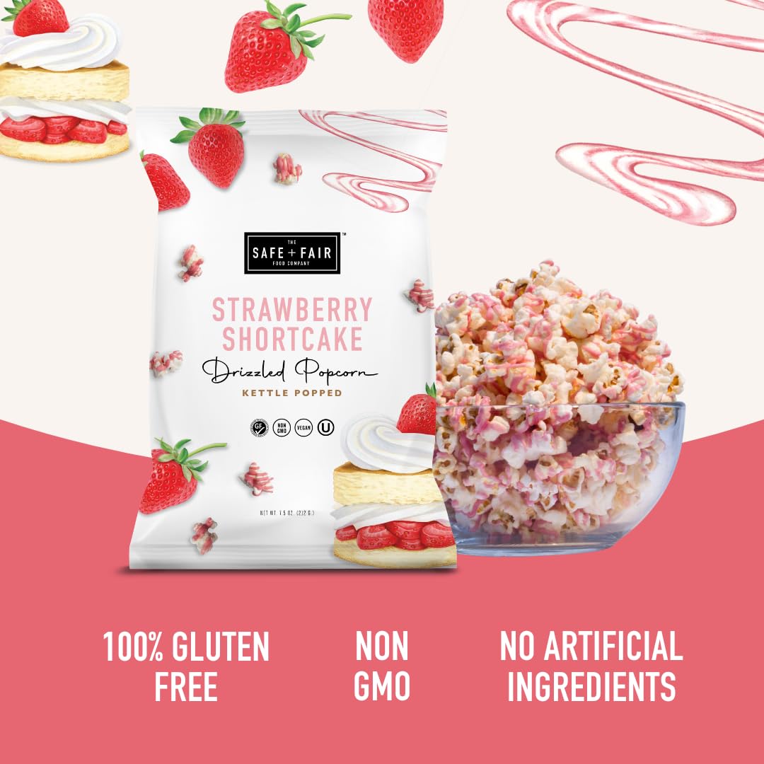 Safe + Fair Food Company Plant-Based Gourmet Strawberry Flavored Popcorn - Strawberry Shortcake Drizzled Kettle Corn Popcorn - Non-GMO + Gluten-Free