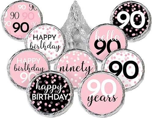 Pink, Black, and White 90th Birthday Party Favor Chocolate Kisses Candy Stickers - 180 Count, 90th Birthday Decorations for Women