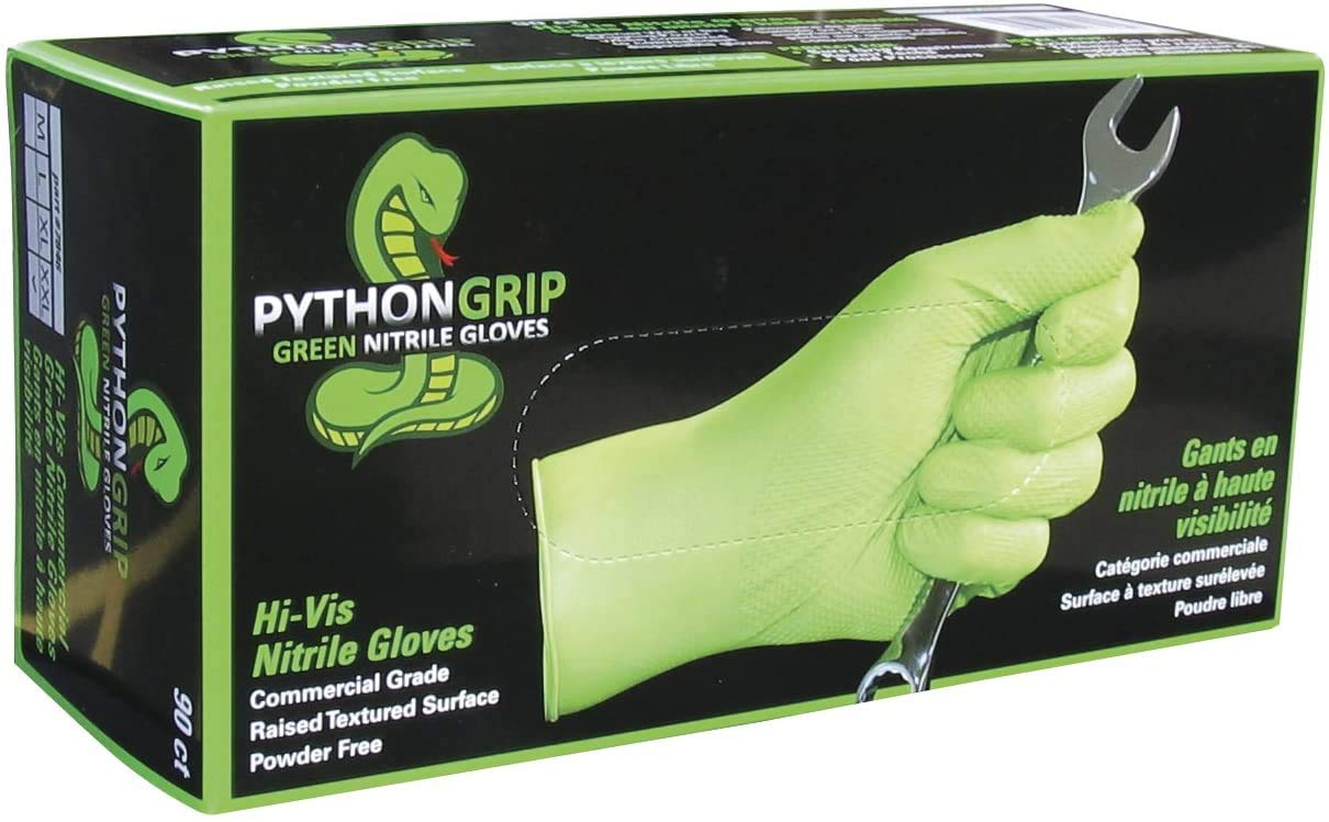 Python Grip Nitrile Gloves - 6MIL Diamond Textured - High Vis Green - Extra Large - Powder & Latex Free - 10 Boxes - 900 Gloves