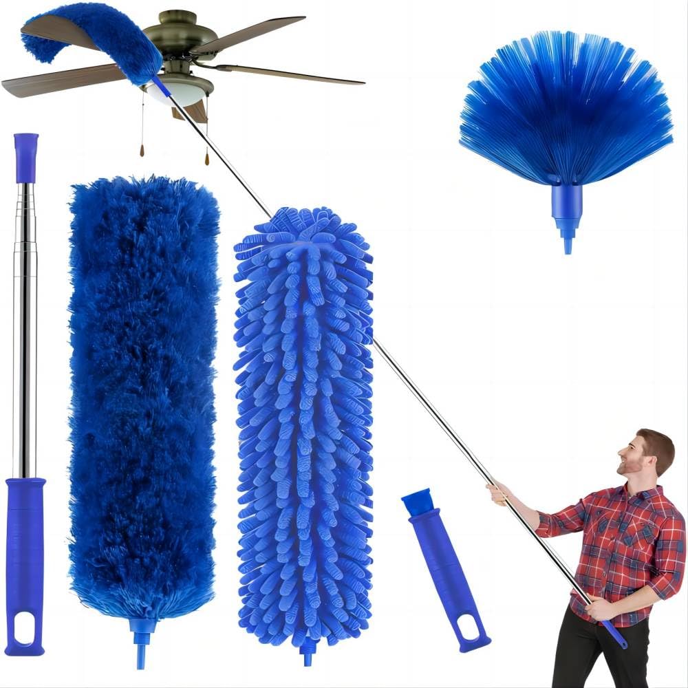 Buysenton Cobweb Duster with Extension Pole, Washable Cleaning Duster Kit with 3 Duster Heads, Cobweb Duster, Corner Brush, 15-100 Inch Long Aluminum