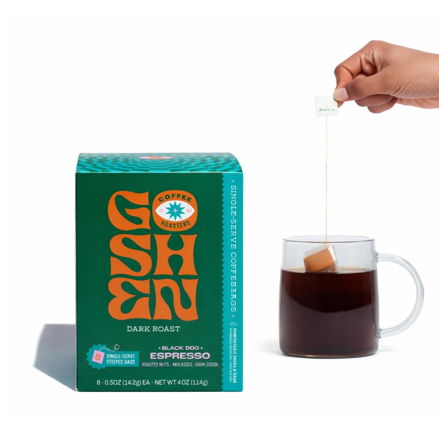 Goshen Coffee Roasters Single Serve Black Dog Espresso Blend | Dark Roast Roast | Roasted Nuts, Molasses, Dark Cocoa Flavors | 8 CT 4 Oz "Steeped"
