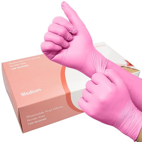 GuassLee 100 Pack Pink Vinyl Disposable Gloves - Latex Free and Power Free Food Grade Exam Gloves for Cleaning, Food Prep, Kitchen Use, Medium
