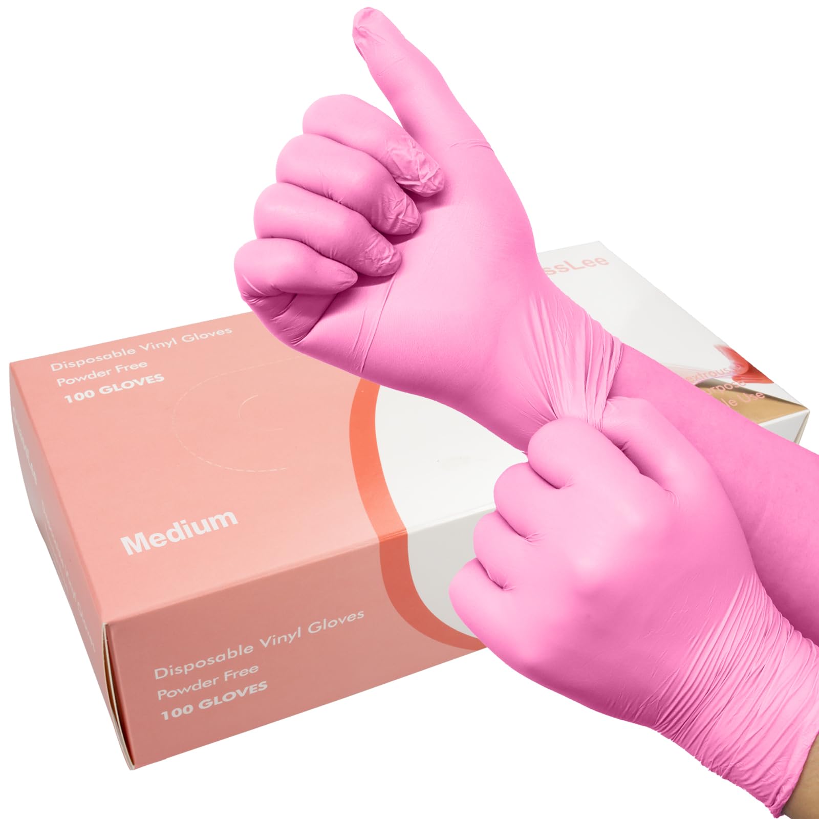 GuassLee 100 Pack Pink Vinyl Disposable Gloves - Latex Free and Power Free Food Grade Exam Gloves for Cleaning, Food Prep, Kitchen Use, Medium