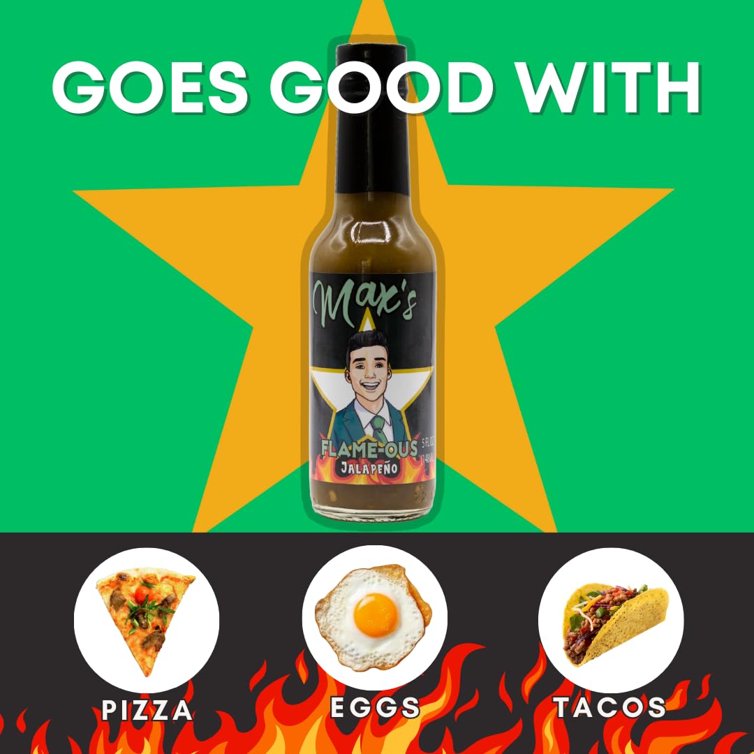 Max Flame-ous Jalapeño Hot Sauce - Earthy & Zesty | Mild 2/5 Heat | Perfect for Topping Eggs & Pork | Cooking | Best, Young, Unique Flavor, Tasty |