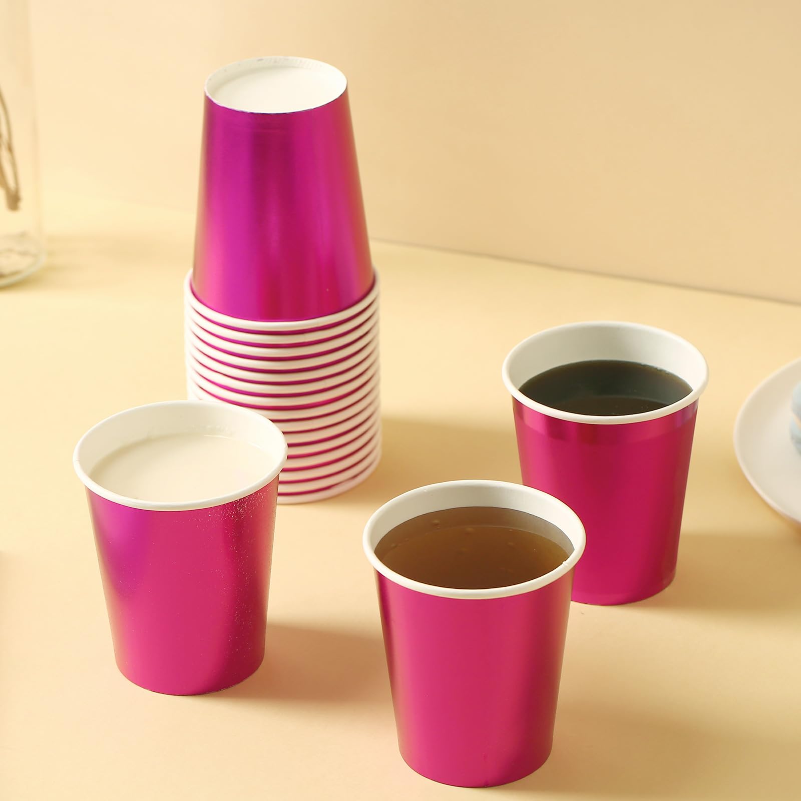 ZebrAnt Rose Red Paper Cups 9 oz [50 pack] Disposable Party Cup for Hot Cold Drinks Tea Coffee Water Milk Juice Glitter Holographic Red Picnic Home