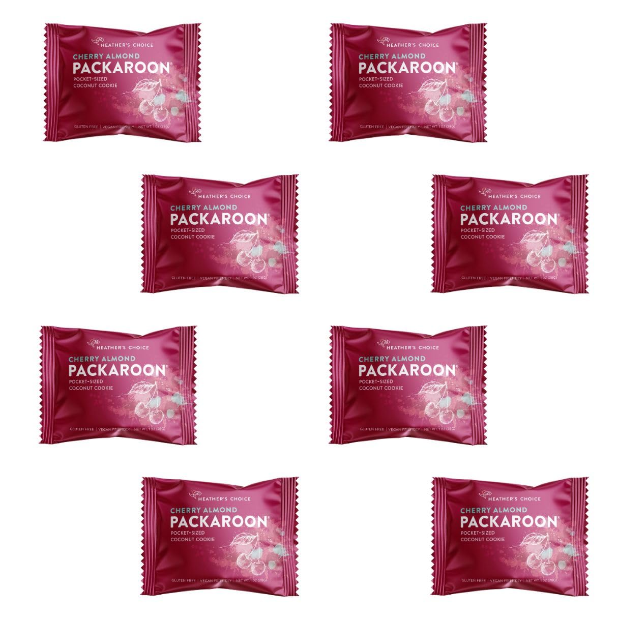 Heather's Choice Packaroons, Vegan Gluten-Free Individually Wrapped Snacks for Backpacking, Camping, Hiking and Travel (Cherry Almond, 8-pack)