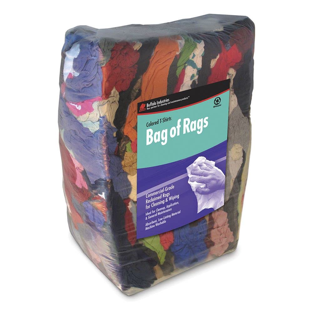 Buffalo Industries (10085PB) Recycled Multicolored T-Shirt Cloth Rags, 50 lb. bag, All-Purpose Rag for Cleaning, Paint Spills and Cleanup, Staining