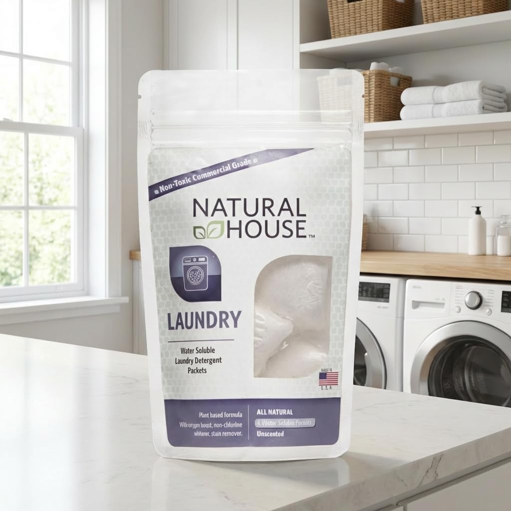 Natural House Laundry Pods - Plant-Based Detergent with Oxygen Boost - Septic-Safe, Plumbing-Friendly - Fragrance Free - 4 Count Trial Pack