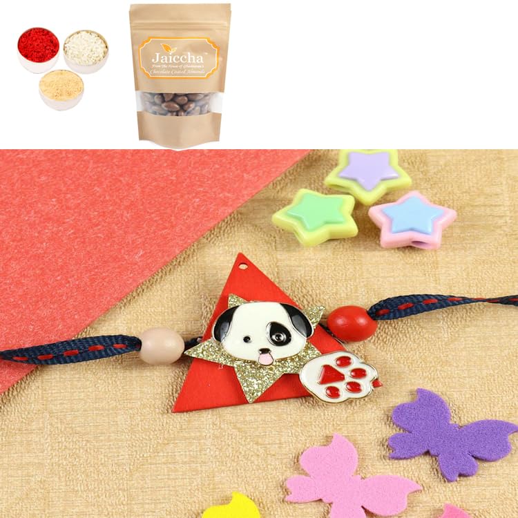 Ghasitaram Gifts Rakhis Gifts for Brothers Rakhis Online KR25-113-Dog And Paw Kids Rakhi with Chocolate Coated Almonds 200 gms