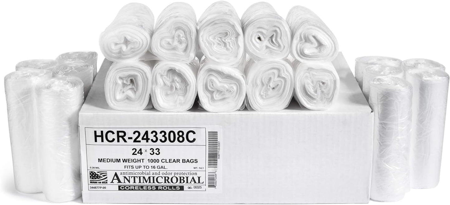 Aluf Plastics High Density Trash Bags, 16 Gallon, 1000 Count, 8 Micron (eq), 24" x 33", Clear, for Bathroom, Office, Industrial, Commercial