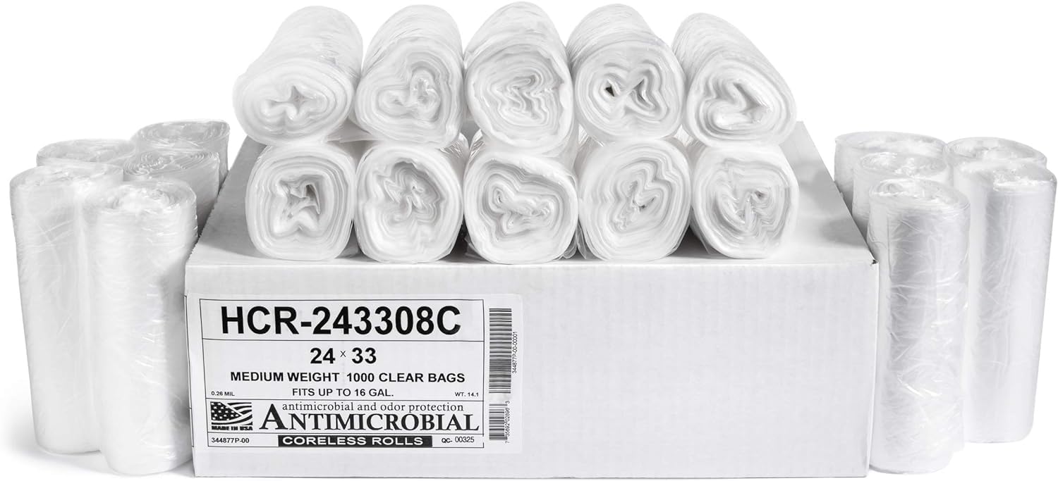 Aluf Plastics High Density Trash Bags, 16 Gallon, 1000 Count, 8 Micron (eq), 24" x 33", Clear, for Bathroom, Office, Industrial, Commercial