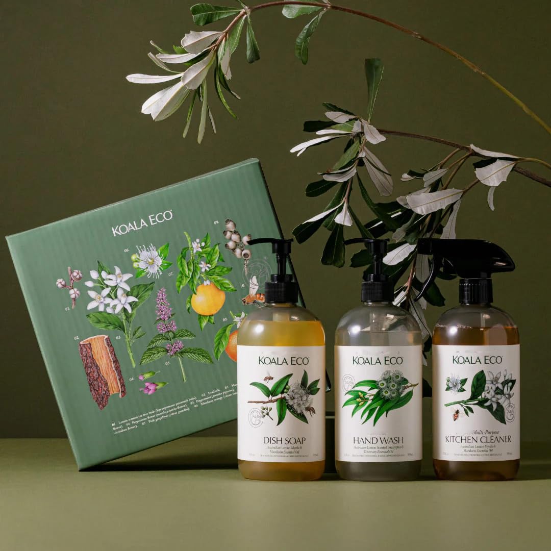 Koala Eco Gift Set of 3 Includes: Kitchen Cleaner, Dish Soap, Hand Wash, Beautifully Packaged - Australian Lemon Eucalyptus, Lemon Myrtle & Rosemary