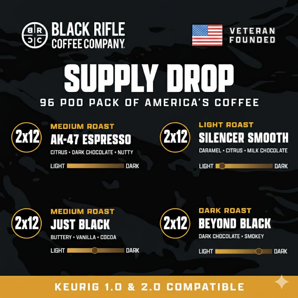 Black Rifle Coffee Company Supply Drop Variety Pack (96 Count of K Cups) - Silencer Smooth (Light), AK-47 (Medium), Just Black (Medium) & BeyondBlack