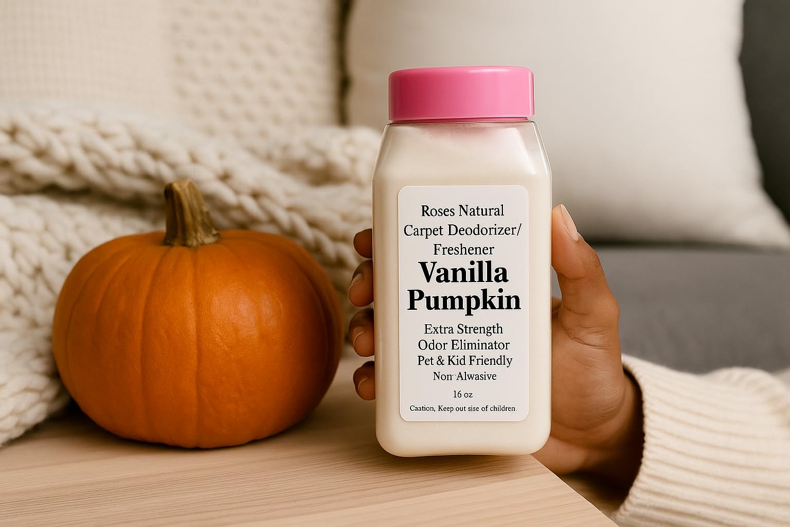 Roses Natural Vanilla Pumpkin Carpet Deodorizer and Freshener, Extra Strength, Pet and Kid Friendly, Non-Abrasive Odor Eliminator, 16 oz, Made in the